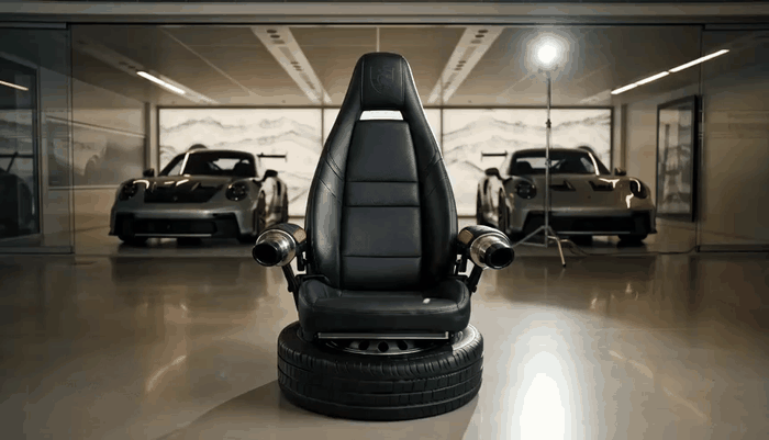 Bespoke car seat chair shown in a modern MOT service garage waiting area, demonstrating how a Marque Thrones piece elevates the customer space